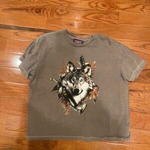 Weekend Academy Light Brown Wolf Graphic Leaves Short Sleeve Tee T-Shirt XXL
